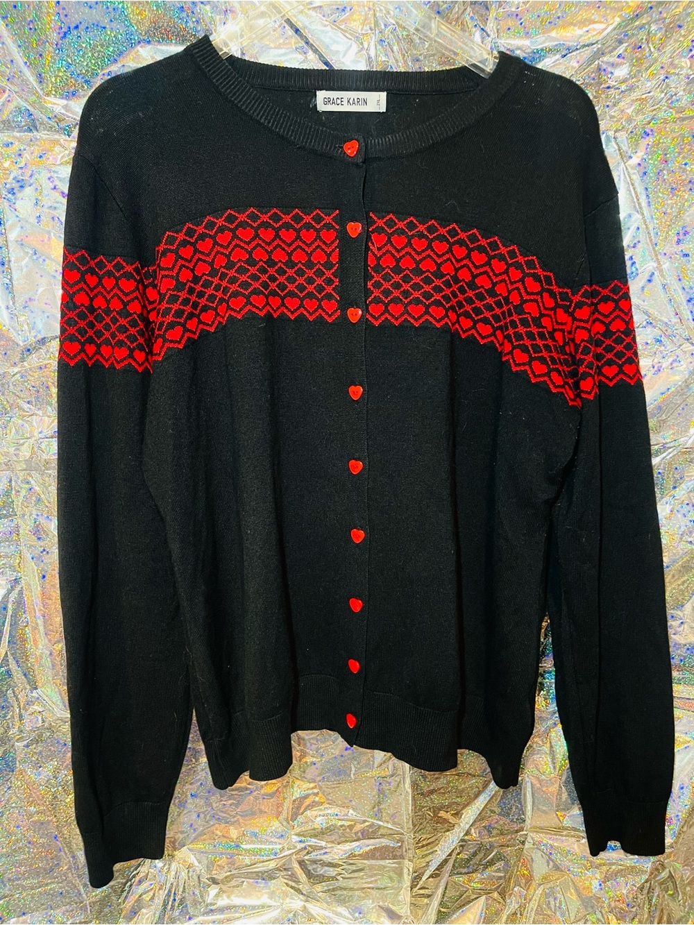 Grace Karin Diamond & Sweetheart Crew Neck Cardigan - Black